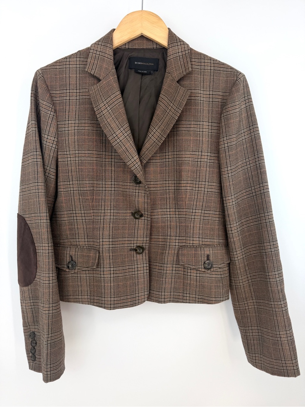 BCBGMAXAZRIA Brown Plaid Wool Cropped Blazer Suede Patch L